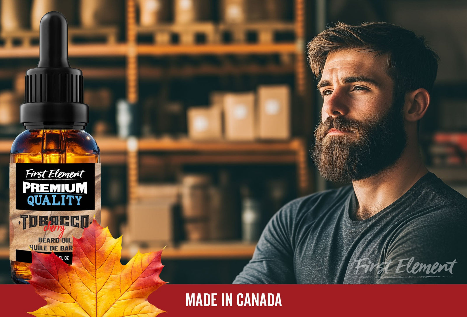 Beard Oil with a Maple Leaf over it with the words Made in Canada in a red banner at the bottom, man in a Canadian Warehouse looking towards the beard oil