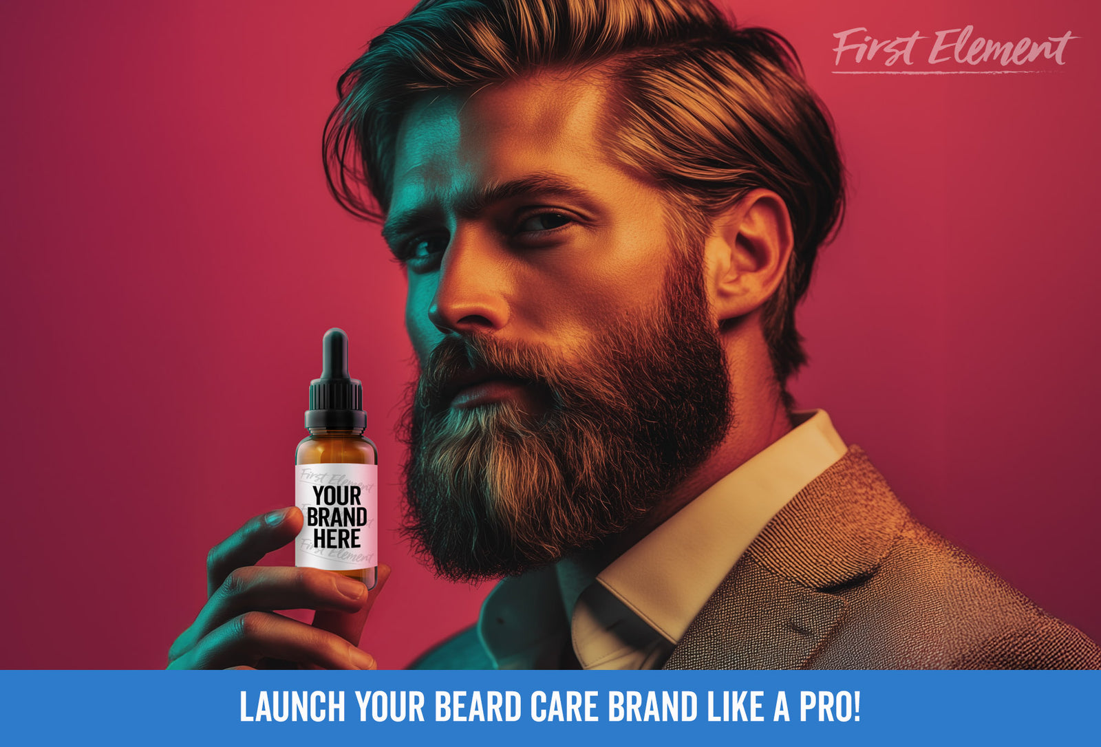 Launch Your Beard Care Brand Like a Pro! Successful bearded man holding a beard oil labelled Your Brand here