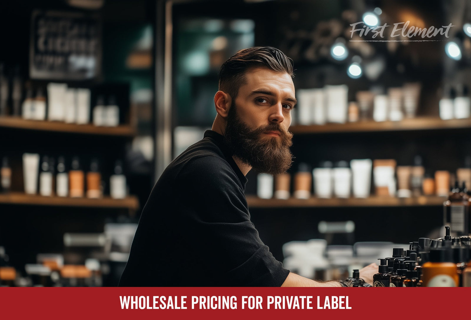 Setting Wholesale pricing for Private Label Beard Care - Bearded man looking into the camera in a barbershop retail store