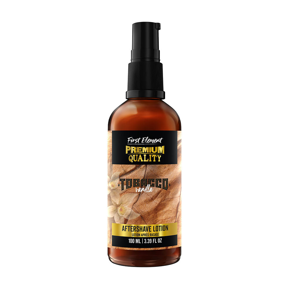 A bottle of Premium Hyaluronic Acid Aftershave Lotion with a Sandalwood Bourbon scent. The label indicates it is made in Canada and highlights its key features: effective for minor burns and nicks, highly moisturizing, not tested on animals, suitable for oily skin, and free from sulfates and parabens.