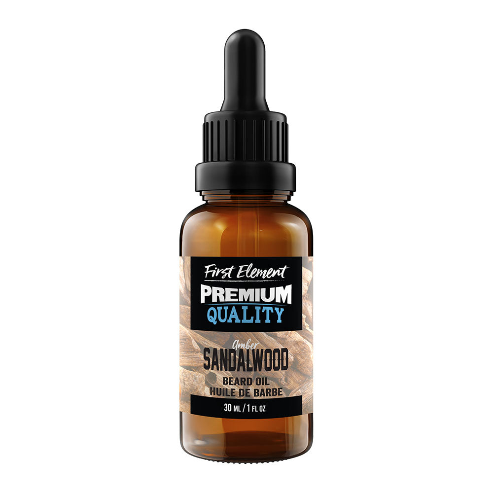 Amber Sandalwood Beard Oil - First Element Premium Amber Sandalwood scented Beard Oil. Our Beard Oil comes in a nice 30ml amber glass bottle with dropper. Premium quality, hand made in Canada, all natural, hand poured beard oil