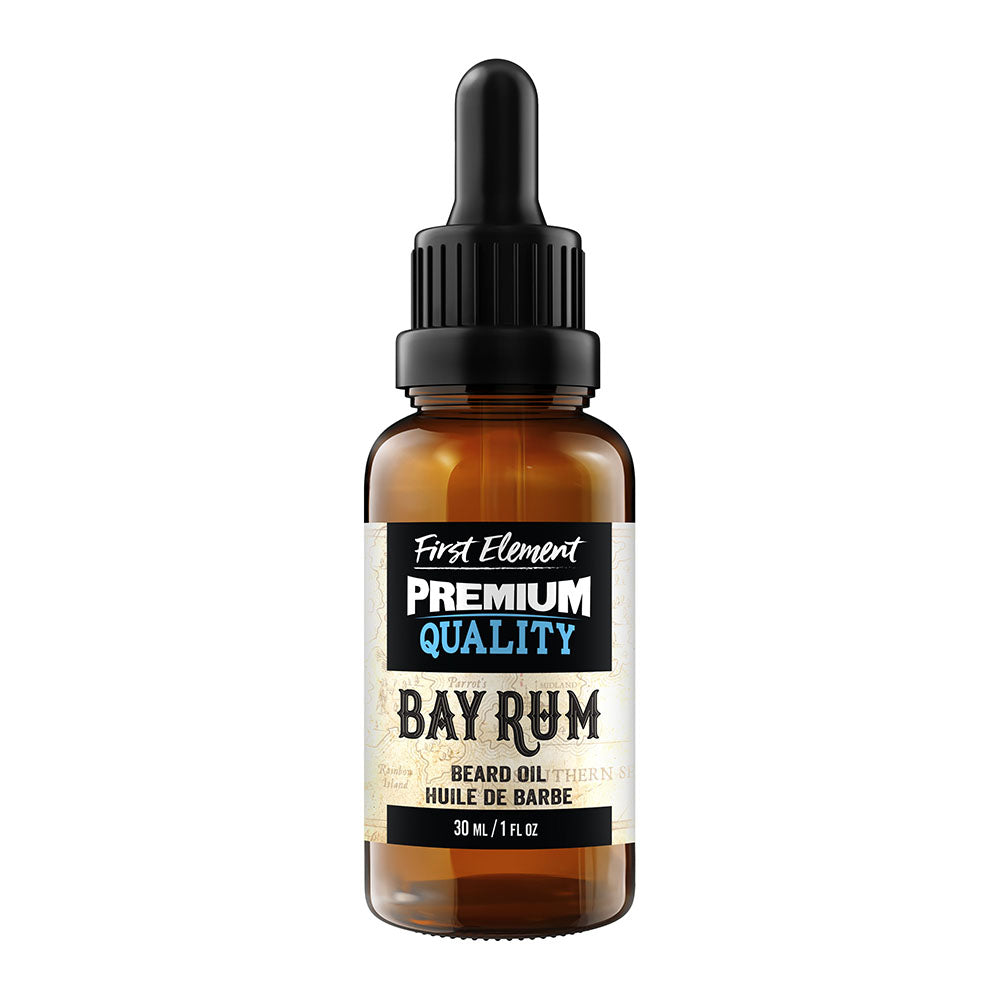 Bay Rum Beard Oil - First Element Premium Bay Rum scented Beard Oil. Our Beard Oil comes in a nice 30ml amber glass bottle with dropper. Premium quality, hand made in Canada, all natural, hand poured beard oil