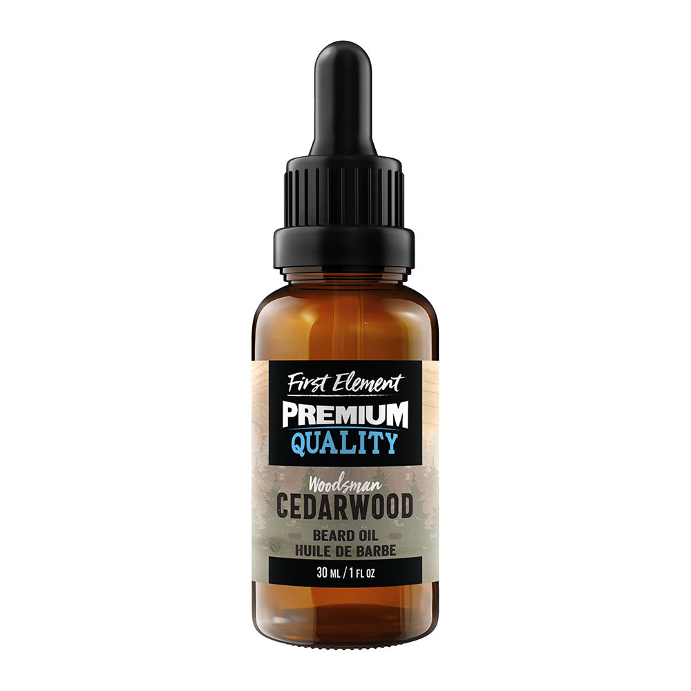 Cedarwood Beard Oil - First Element Premium Cedarwood scented Beard Oil. Our Beard Oil comes in a nice 30ml amber glass bottle with dropper. Premium quality, hand made in Canada, all natural, hand poured beard oil