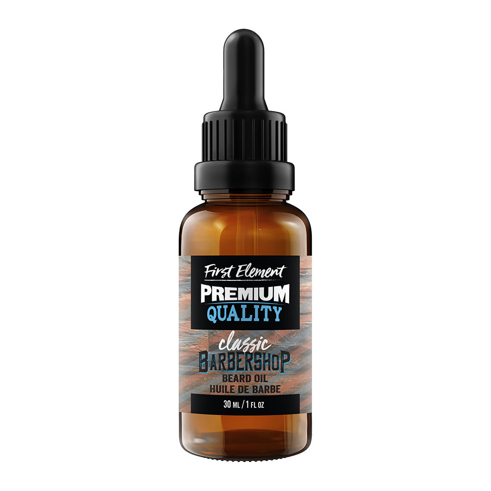 Classic Barbershop Beard Oil - First Element Premium Classic Barbershop scented Beard Oil. Our Beard Oil comes in a nice 30ml amber glass bottle with dropper. Premium quality, hand made in Canada, all natural, hand poured beard oil