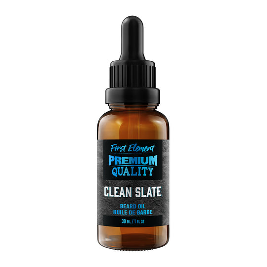 Clean Slate Beard Oil - First Element Premium Clean Slate scented Beard Oil. Our Beard Oil comes in a nice 30ml amber glass bottle with dropper. Premium quality, hand made in Canada, all natural, hand poured beard oil