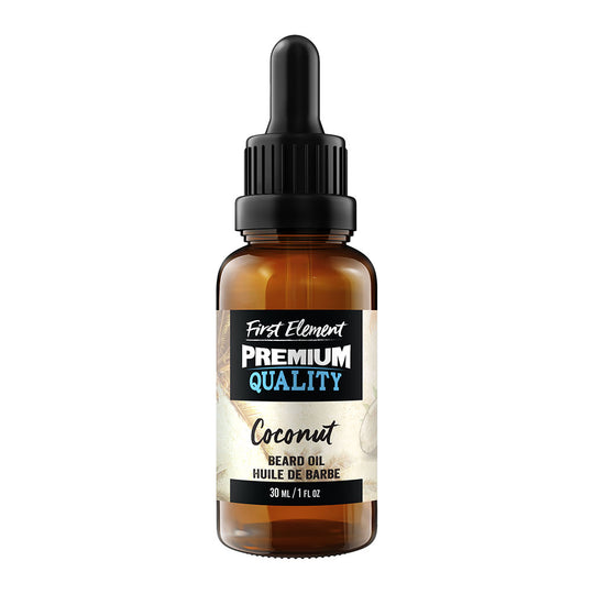 Coconut Beard Oil - First Element Premium Coconut scented Beard Oil. Our Beard Oil comes in a nice 30ml amber glass bottle with dropper. Premium quality, hand made in Canada, all natural, hand poured beard oil