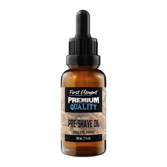 Pre-Shave Oil 30 ml amber glass bottle with dropper - First Element - This pre-shave oil is a well-balanced product, with moisturizing properties, clarifying properties and healing properties. An essential product for the perfect shave.