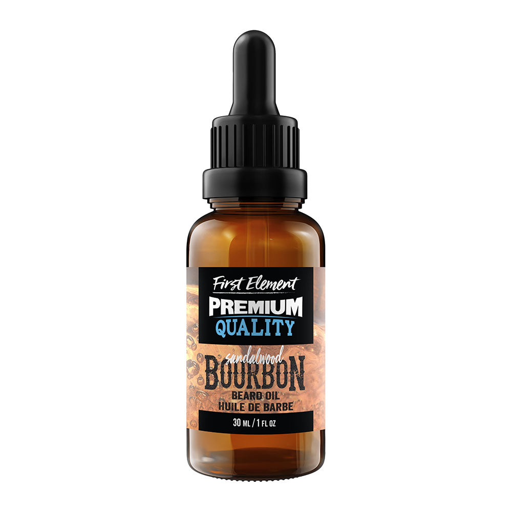 Sandalwood Bourbon Beard Oil - First Element Premium Sandalwood Bourbon scented Beard Oil. Our Beard Oil comes in a nice 30ml amber glass bottle with dropper. Premium quality, hand made in Canada, all natural, hand poured beard oil