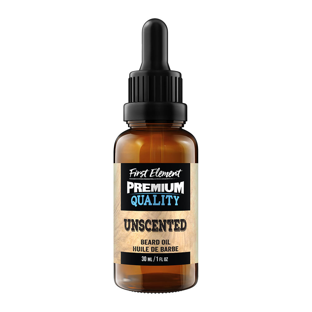 Unscented Beard Oil - First Element Premium Unscented Beard Oil. Our Beard Oil comes in a nice 30ml amber glass bottle with dropper. Premium quality, hand made in Canada, all natural, hand poured beard oil