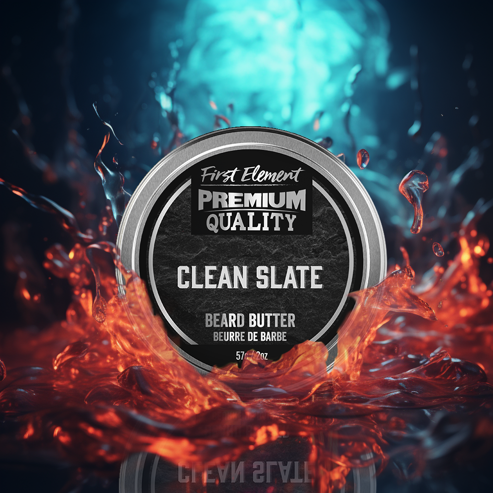 A 2oz metal tin of Clean Slate Beard Butter, handcrafted in small batches in Canada. The tin features a screw-on top with a tamper-evident seal.