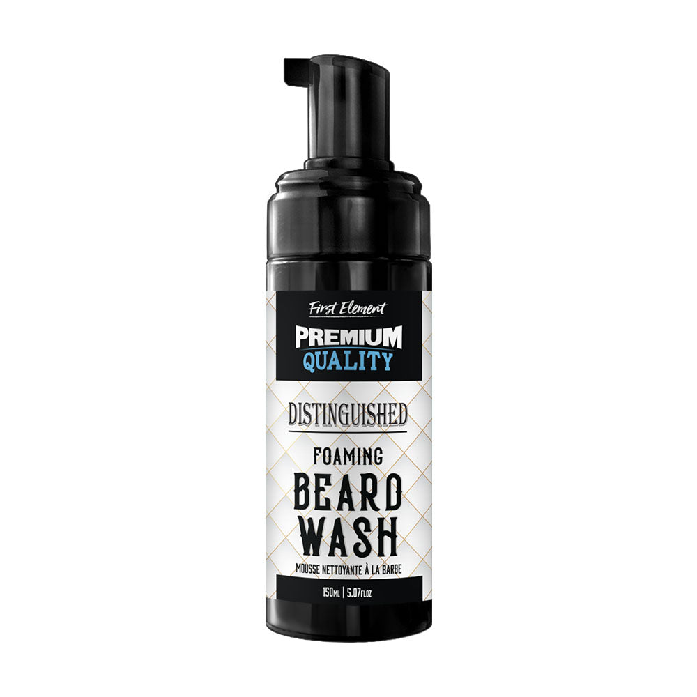 Distinguished scented Foaming Beard Wash in 150 ml black foaming pump bottle to improve the appearance, softness & cleanliness of your beard. Beard care product on white background.