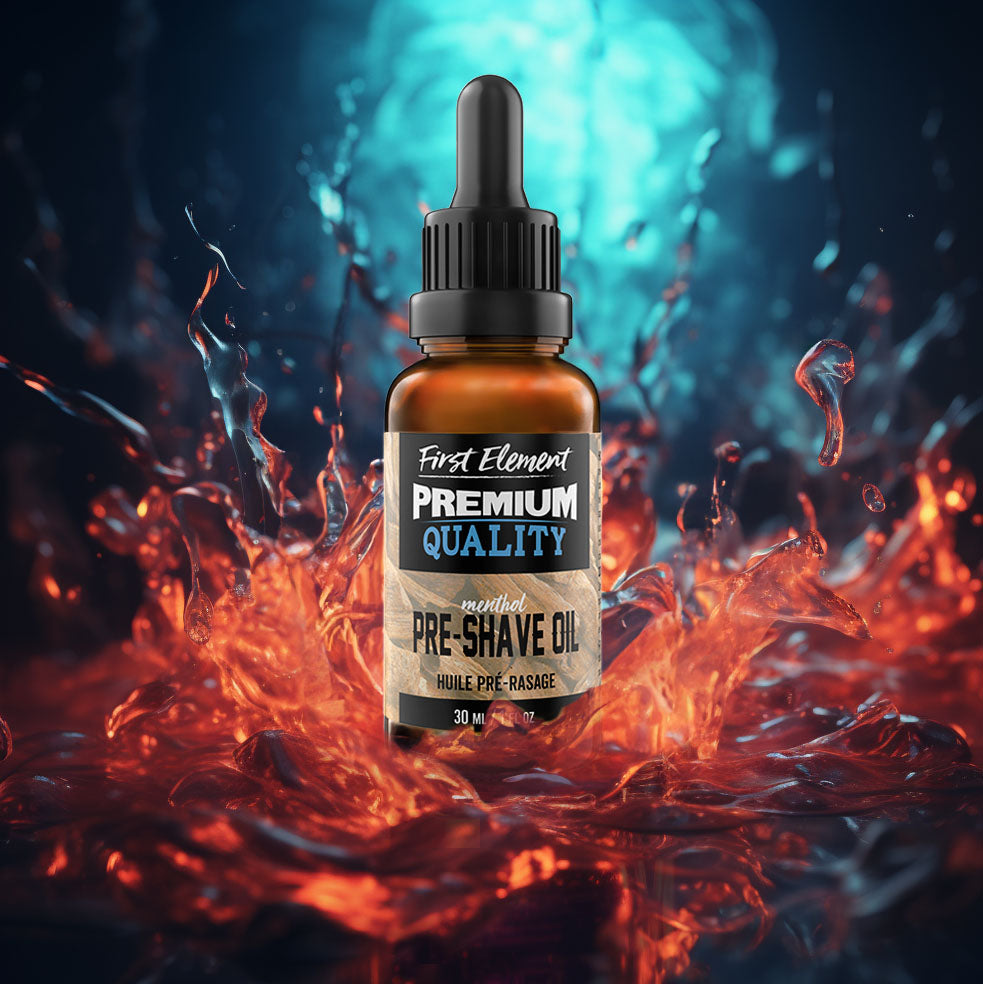 Pre-Shave Oil 30 ml amber glass bottle with dropper - First Element - This pre-shave oil is a well-balanced product, with moisturizing properties, clarifying properties and healing properties. An essential product for the perfect shave.