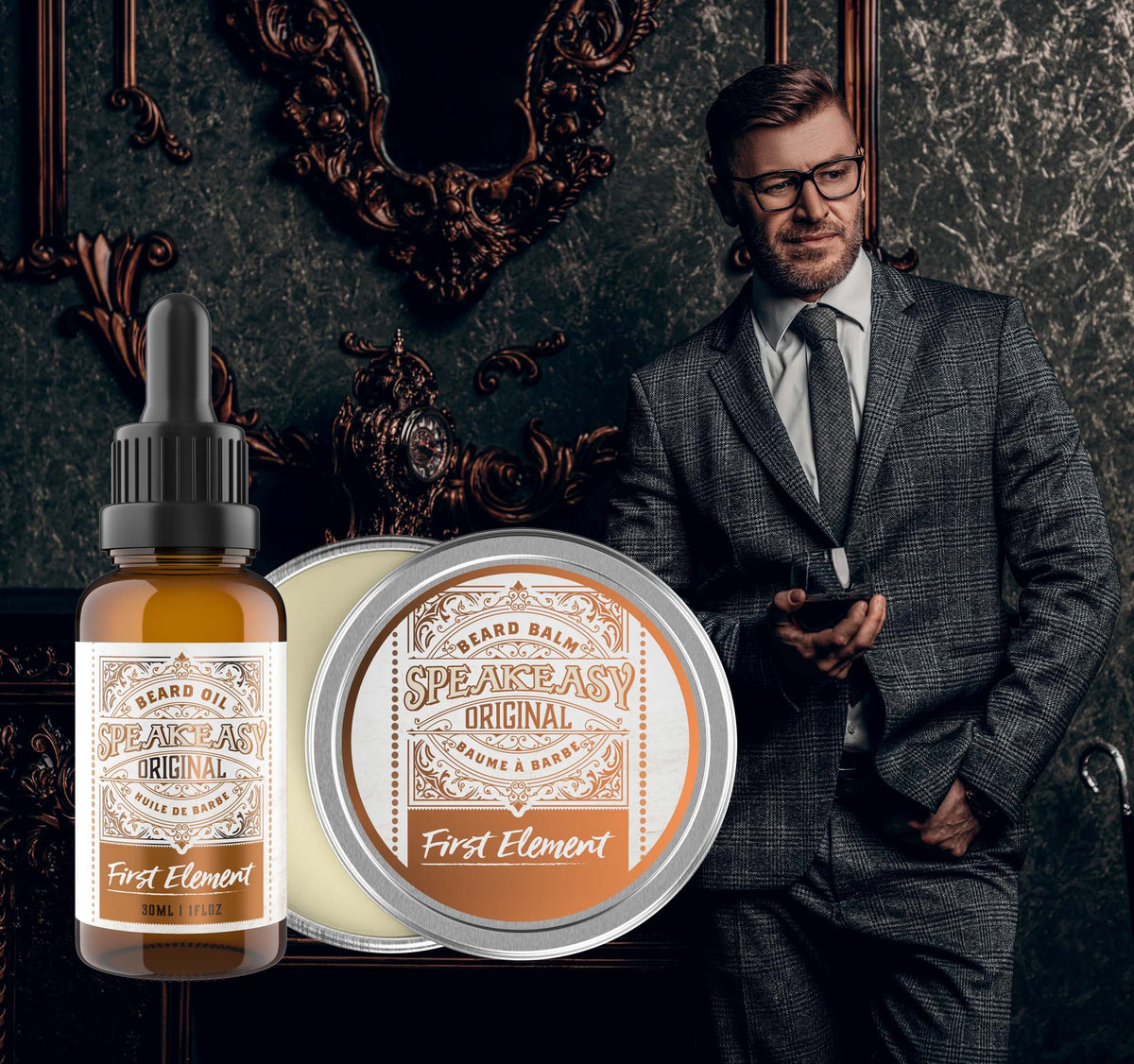 Speakeasy Original Beard Oil and Beard Balm - Classy Bearded man holding a bourbon