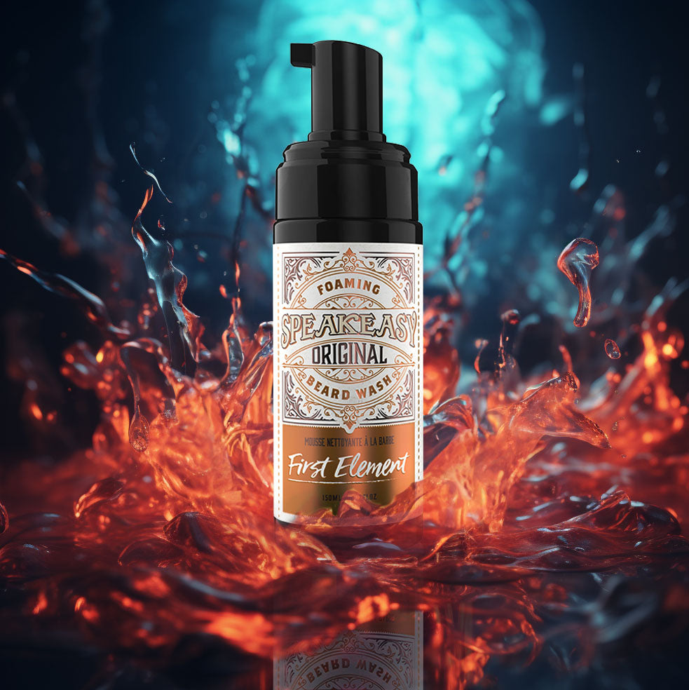 Speakeasy foaming beard wash on enticing magazine water splash background made in Canada