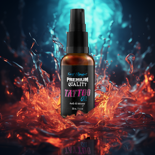 A 30ml glass amber bottle with a treatment pump lid, labeled as Tattoo Oil, placed on a water splash background.