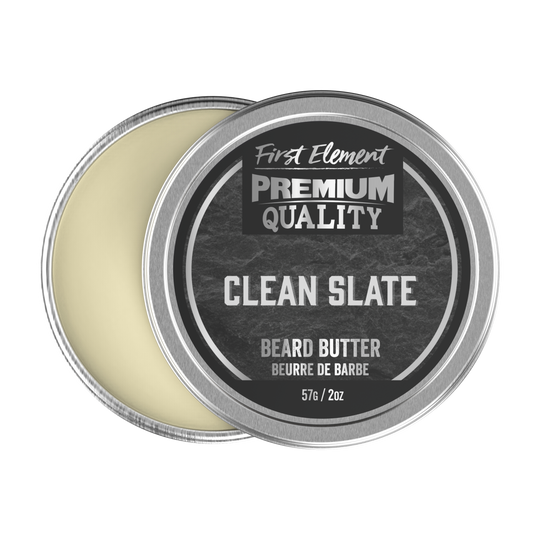 A 2oz metal tin of Clean Slate Beard Butter, handcrafted in small batches in Canada. The tin features a screw-on top with a tamper-evident seal.